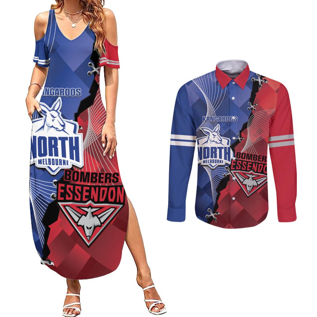 Personalised Kangaroos And Bombers Football Couples Matching Summer Maxi Dress and Long Sleeve Button Shirt Sporty Version