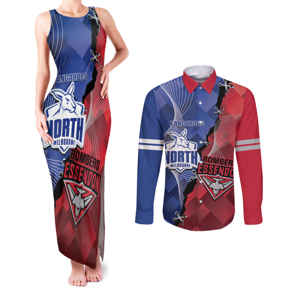 Personalised Kangaroos And Bombers Football Couples Matching Tank Maxi Dress and Long Sleeve Button Shirt Sporty Version