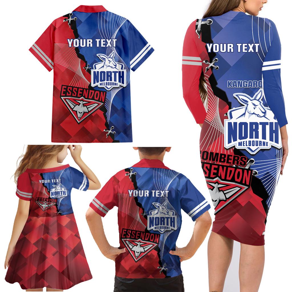 Personalised Kangaroos And Bombers Football Family Matching Long Sleeve Bodycon Dress and Hawaiian Shirt Sporty Version