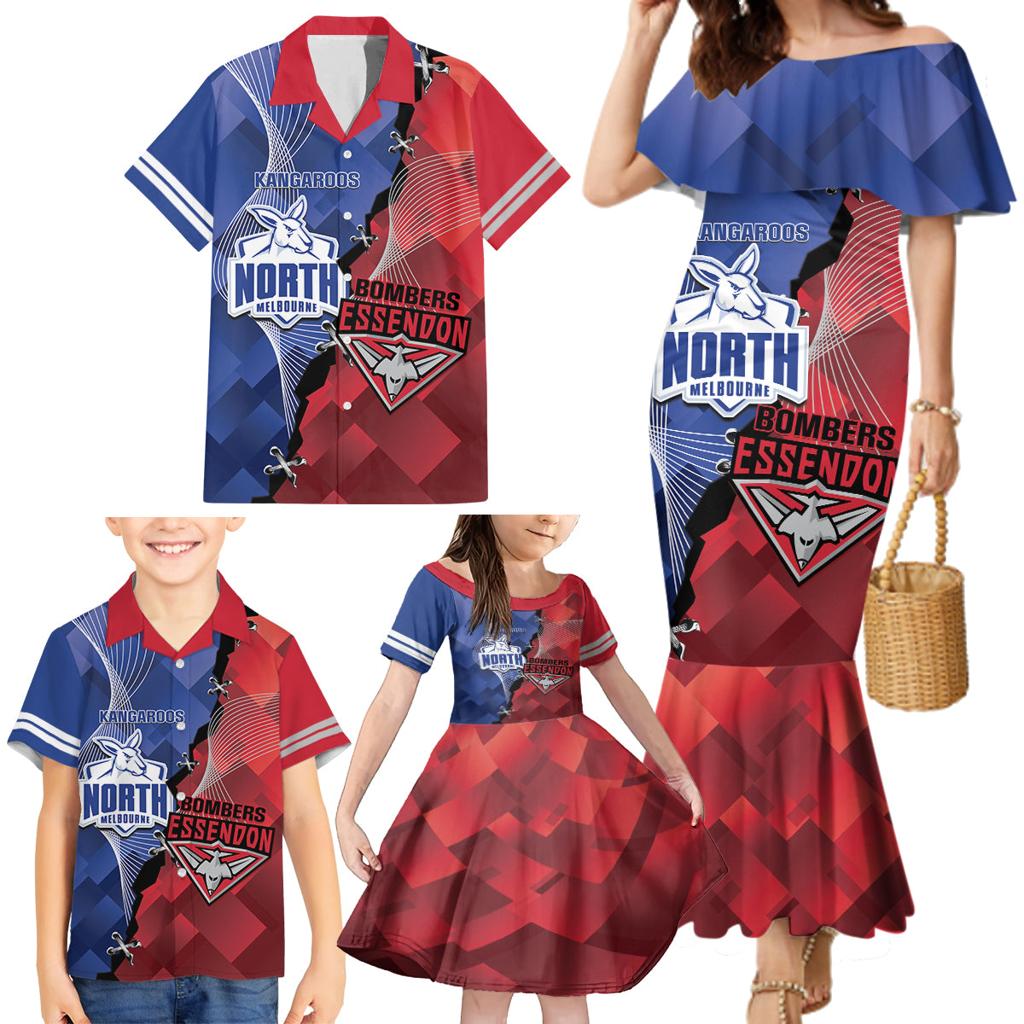 Personalised Kangaroos And Bombers Football Family Matching Mermaid Dress and Hawaiian Shirt Sporty Version