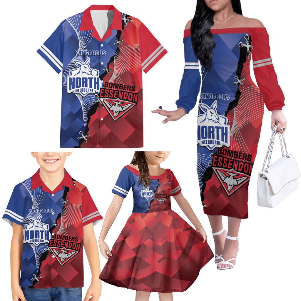 Personalised Kangaroos And Bombers Football Family Matching Off The Shoulder Long Sleeve Dress and Hawaiian Shirt Sporty Version
