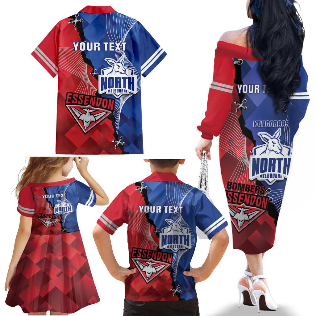 Personalised Kangaroos And Bombers Football Family Matching Off The Shoulder Long Sleeve Dress and Hawaiian Shirt Sporty Version