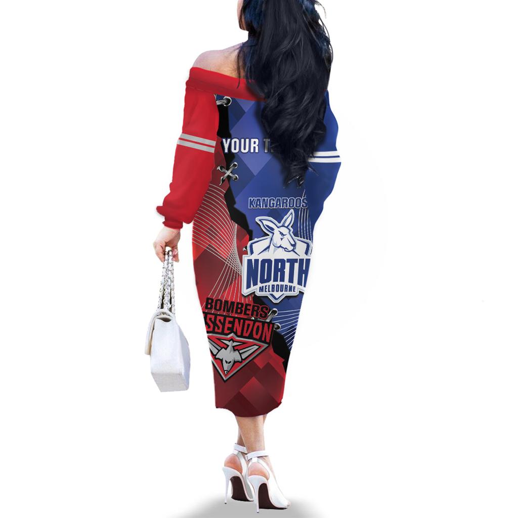 Personalised Kangaroos And Bombers Football Family Matching Off The Shoulder Long Sleeve Dress and Hawaiian Shirt Sporty Version