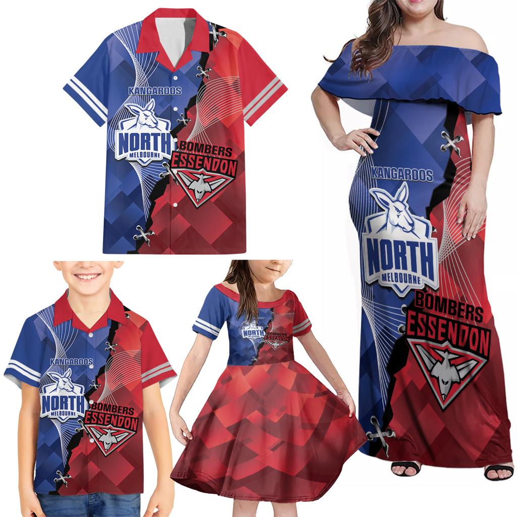 Personalised Kangaroos And Bombers Football Family Matching Off Shoulder Maxi Dress and Hawaiian Shirt Sporty Version