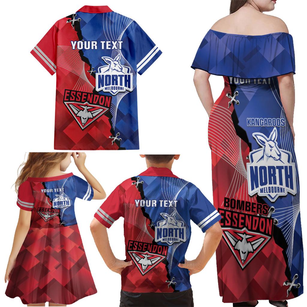 Personalised Kangaroos And Bombers Football Family Matching Off Shoulder Maxi Dress and Hawaiian Shirt Sporty Version