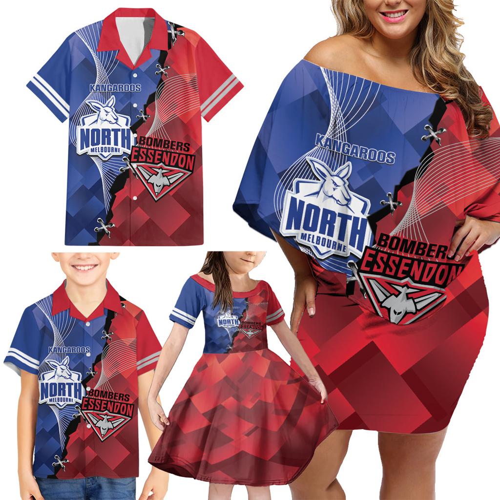 Personalised Kangaroos And Bombers Football Family Matching Off Shoulder Short Dress and Hawaiian Shirt Sporty Version