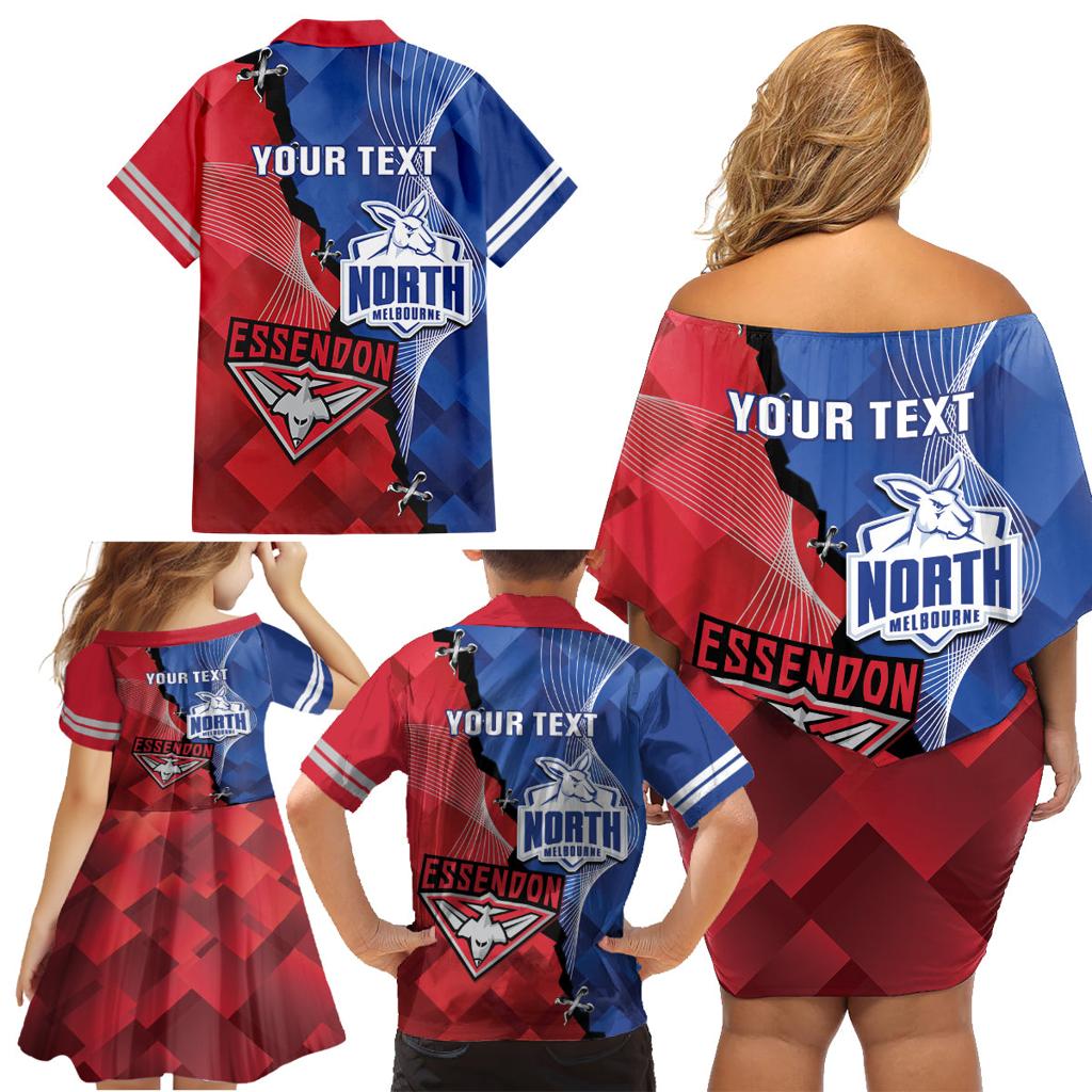 Personalised Kangaroos And Bombers Football Family Matching Off Shoulder Short Dress and Hawaiian Shirt Sporty Version