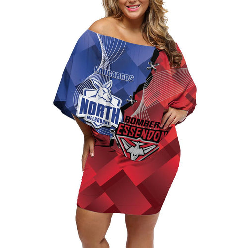 Personalised Kangaroos And Bombers Football Family Matching Off Shoulder Short Dress and Hawaiian Shirt Sporty Version