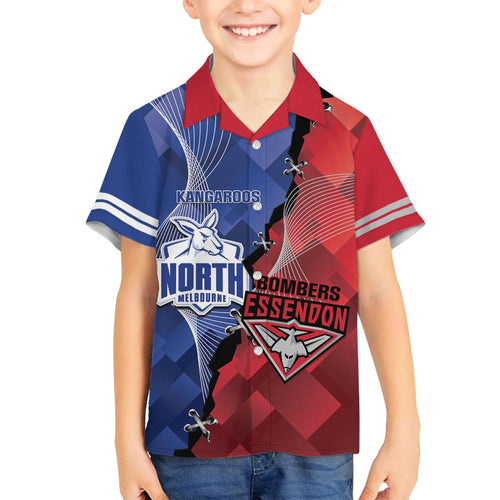Personalised Kangaroos And Bombers Football Family Matching Off Shoulder Short Dress and Hawaiian Shirt Sporty Version