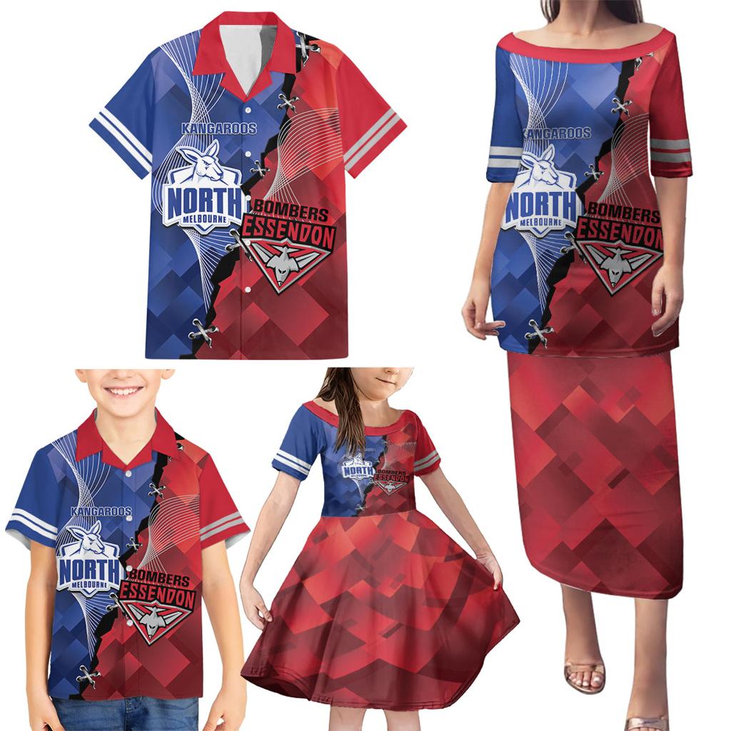 Personalised Kangaroos And Bombers Football Family Matching Puletasi and Hawaiian Shirt Sporty Version
