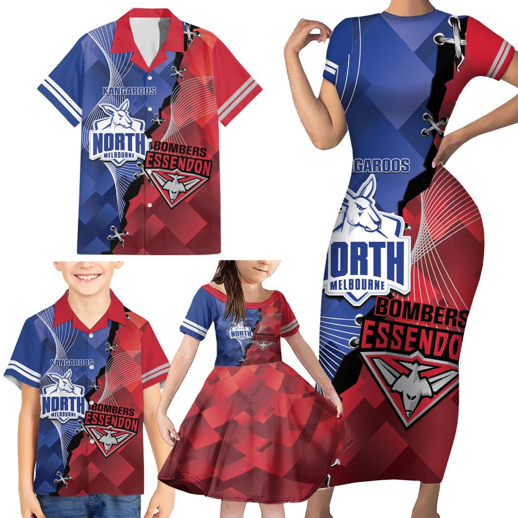 Personalised Kangaroos And Bombers Football Family Matching Short Sleeve Bodycon Dress and Hawaiian Shirt Sporty Version