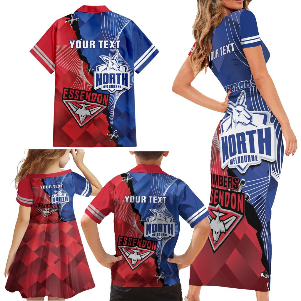 Personalised Kangaroos And Bombers Football Family Matching Short Sleeve Bodycon Dress and Hawaiian Shirt Sporty Version