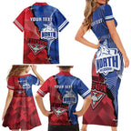 Personalised Kangaroos And Bombers Football Family Matching Short Sleeve Bodycon Dress and Hawaiian Shirt Sporty Version