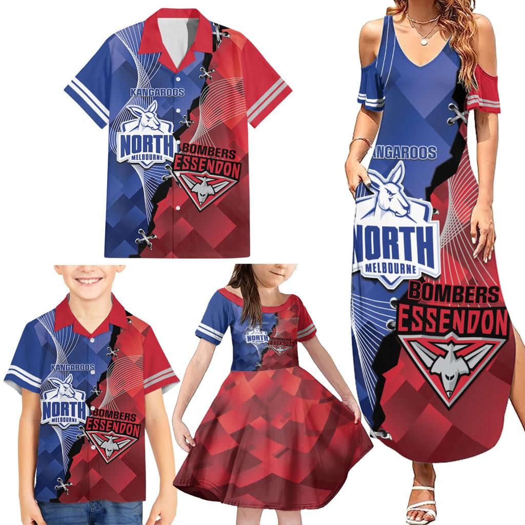 Personalised Kangaroos And Bombers Football Family Matching Summer Maxi Dress and Hawaiian Shirt Sporty Version