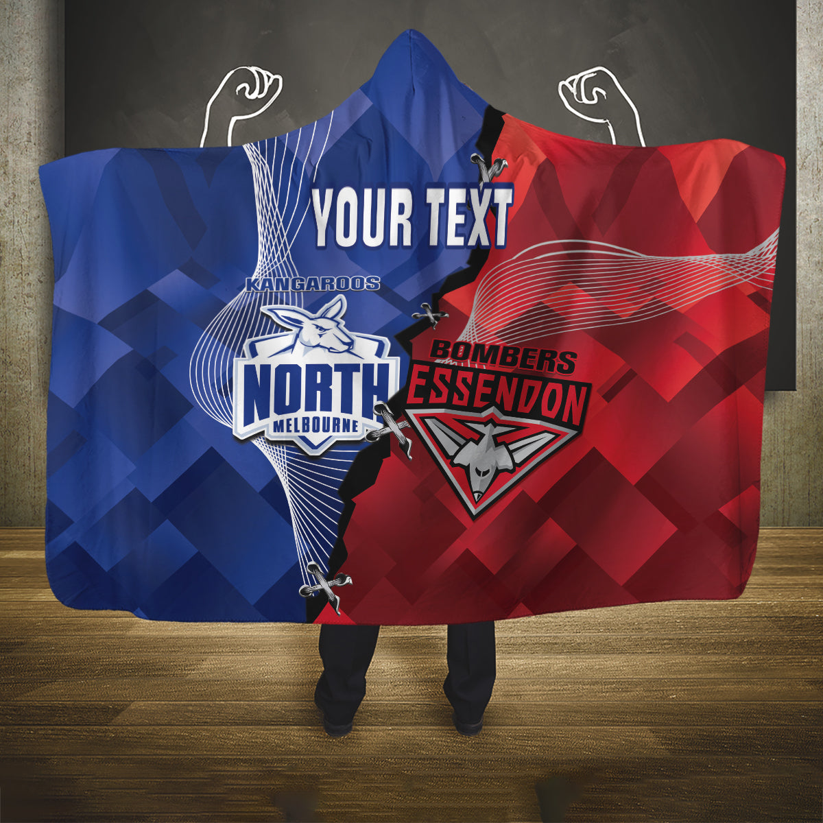 Personalised Kangaroos And Bombers Football Hooded Blanket Sporty Version