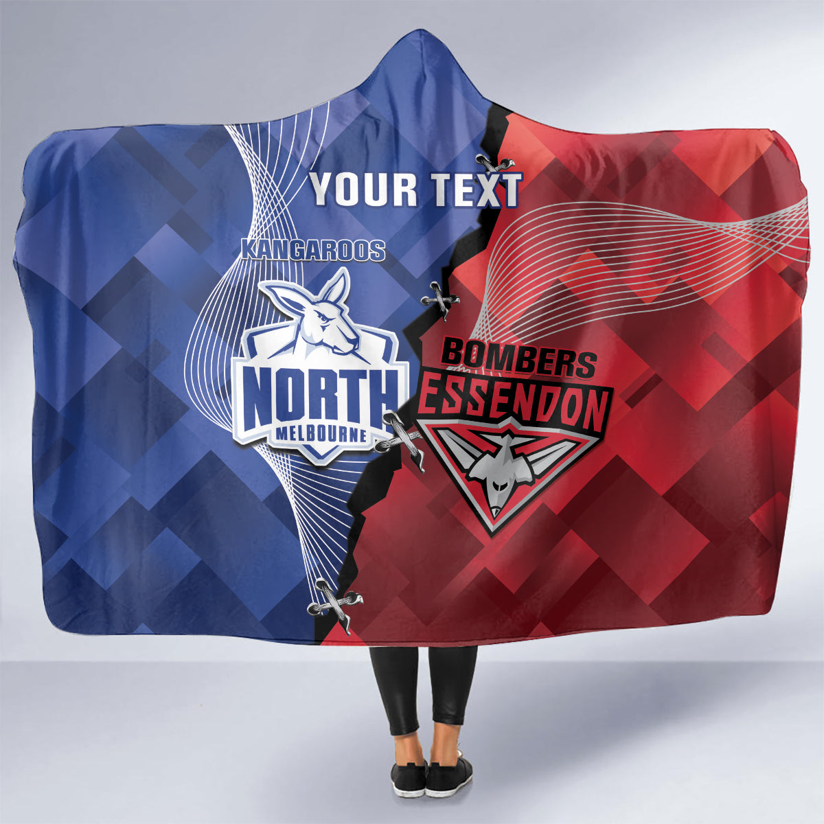 Personalised Kangaroos And Bombers Football Hooded Blanket Sporty Version