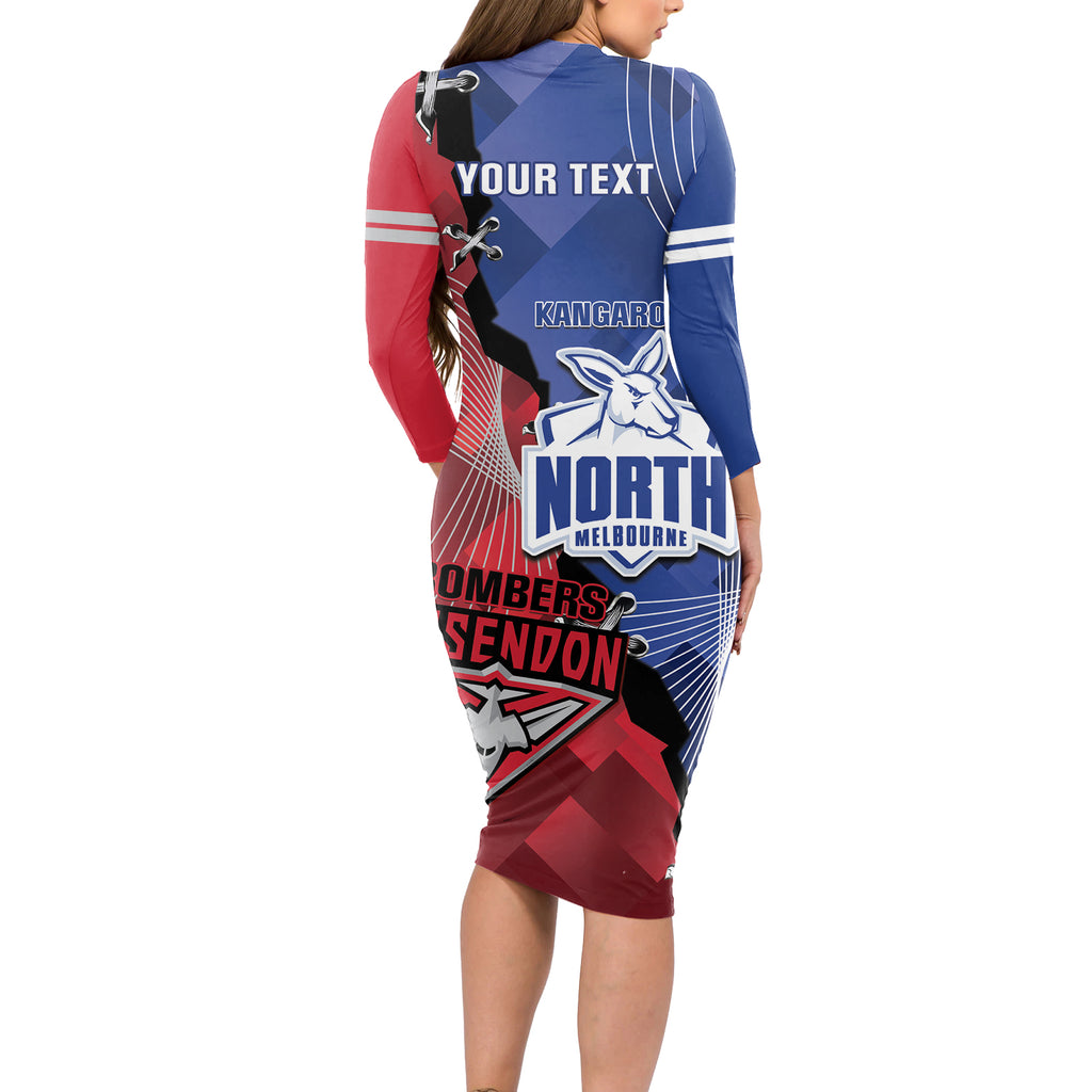 Personalised Kangaroos And Bombers Football Long Sleeve Bodycon Dress Sporty Version