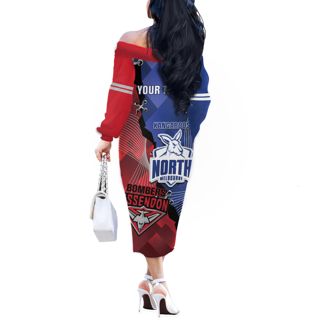 Personalised Kangaroos And Bombers Football Off The Shoulder Long Sleeve Dress Sporty Version
