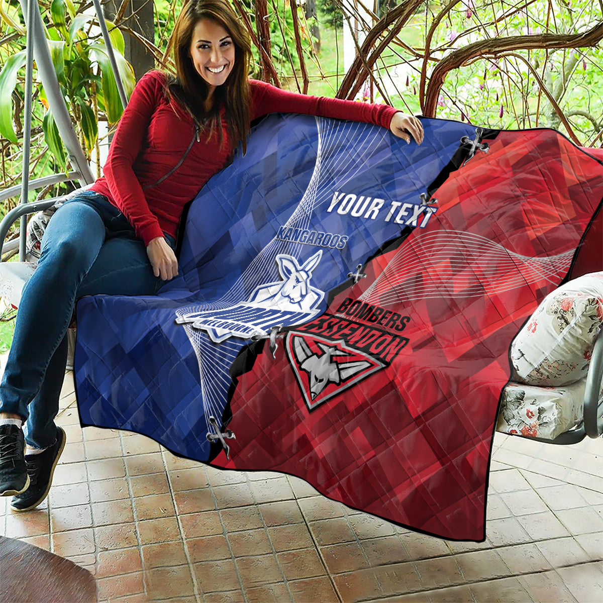 Personalised Kangaroos And Bombers Football Quilt Sporty Version