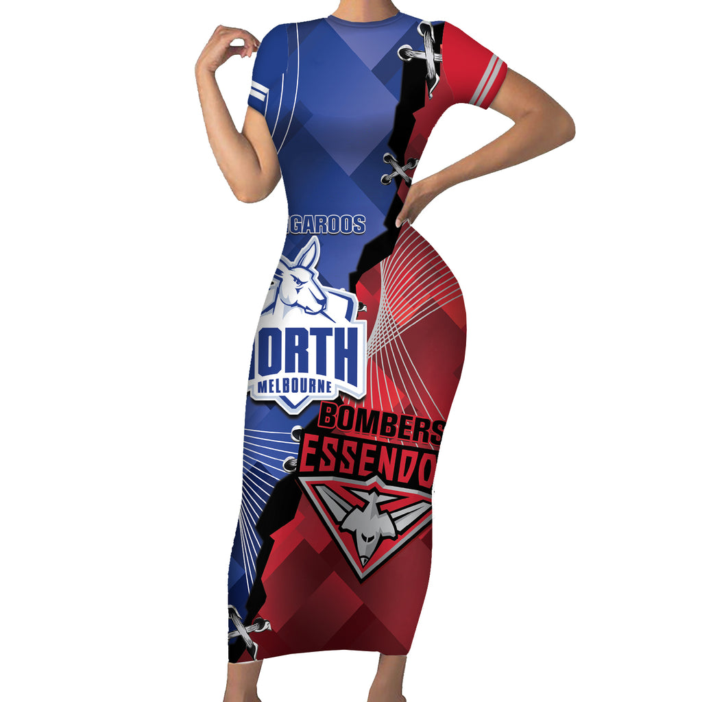 Personalised Kangaroos And Bombers Football Short Sleeve Bodycon Dress Sporty Version