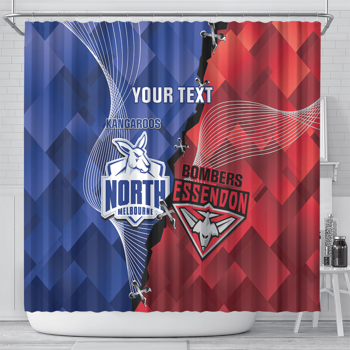 Personalised Kangaroos And Bombers Football Shower Curtain Sporty Version