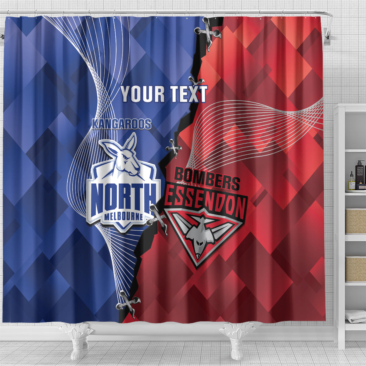 Personalised Kangaroos And Bombers Football Shower Curtain Sporty Version