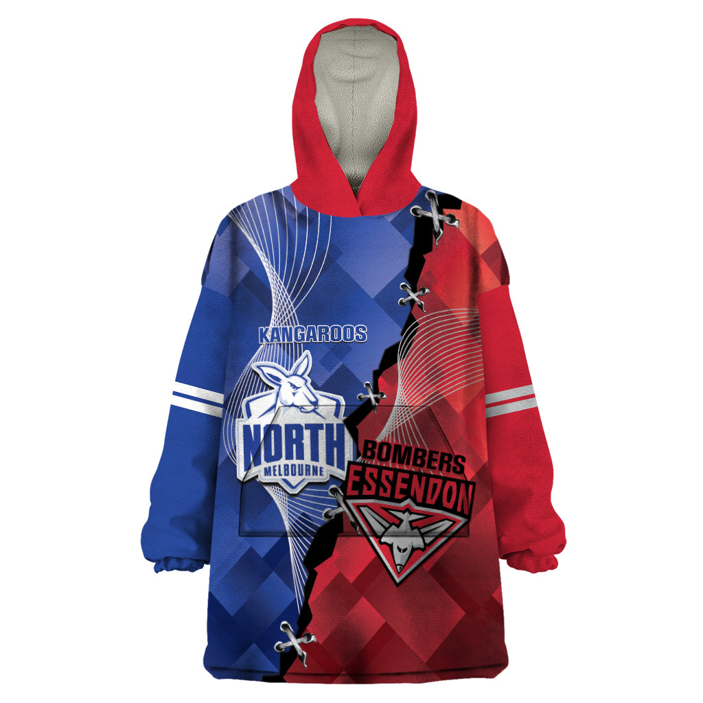 Personalised Kangaroos And Bombers Football Wearable Blanket Hoodie Sporty Version