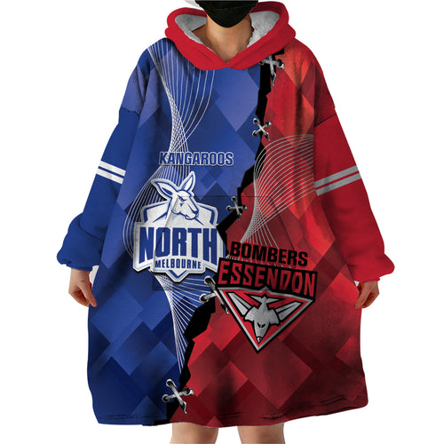 Personalised Kangaroos And Bombers Football Wearable Blanket Hoodie Sporty Version
