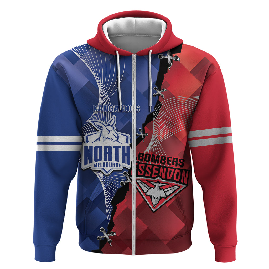 Personalised Kangaroos And Bombers Football Zip Hoodie Sporty Version