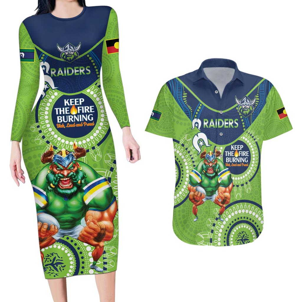 Custom NRL Raiders NAIDOC Week Couples Matching Long Sleeve Bodycon Dress and Hawaiian Shirt Keep The Fire Burning Indigenous Art