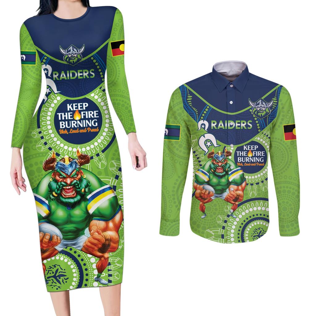Custom NRL Raiders NAIDOC Week Couples Matching Long Sleeve Bodycon Dress and Long Sleeve Button Shirt Keep The Fire Burning Indigenous Art