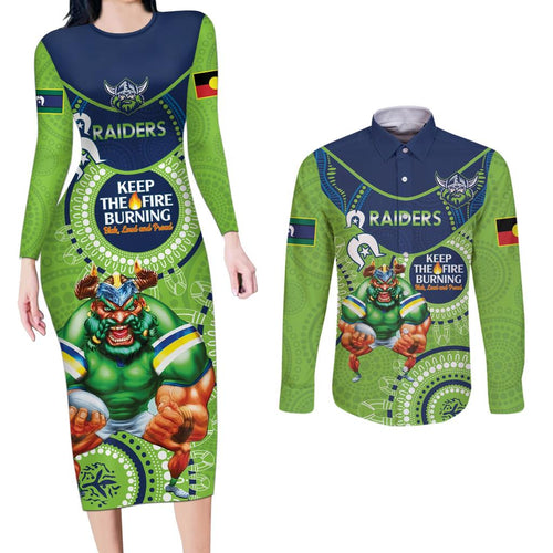 Custom NRL Raiders NAIDOC Week Couples Matching Long Sleeve Bodycon Dress and Long Sleeve Button Shirt Keep The Fire Burning Indigenous Art