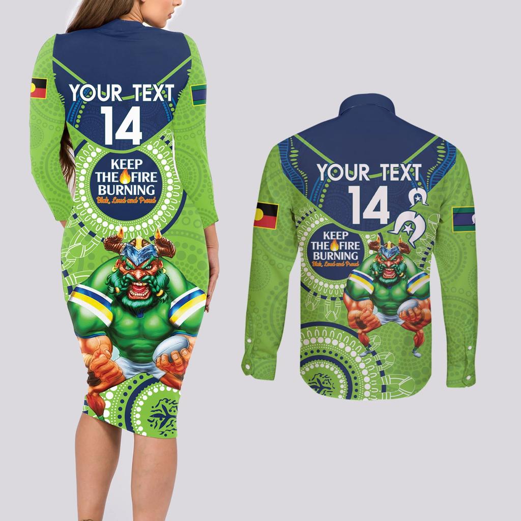 Custom NRL Raiders NAIDOC Week Couples Matching Long Sleeve Bodycon Dress and Long Sleeve Button Shirt Keep The Fire Burning Indigenous Art
