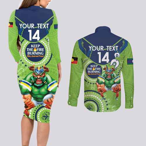 Custom NRL Raiders NAIDOC Week Couples Matching Long Sleeve Bodycon Dress and Long Sleeve Button Shirt Keep The Fire Burning Indigenous Art