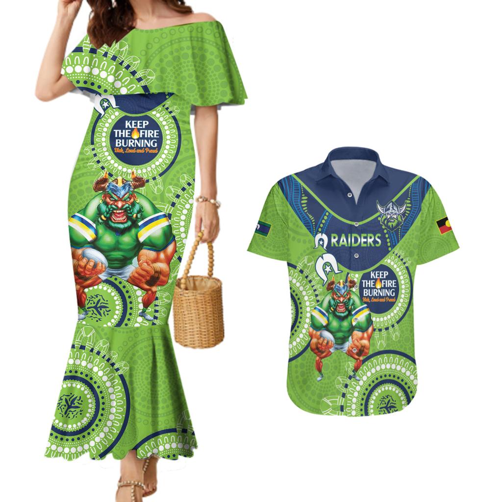 Custom NRL Raiders NAIDOC Week Couples Matching Mermaid Dress and Hawaiian Shirt Keep The Fire Burning Indigenous Art
