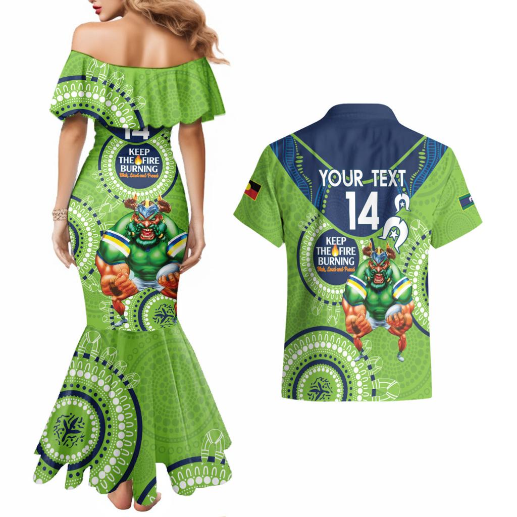 Custom NRL Raiders NAIDOC Week Couples Matching Mermaid Dress and Hawaiian Shirt Keep The Fire Burning Indigenous Art