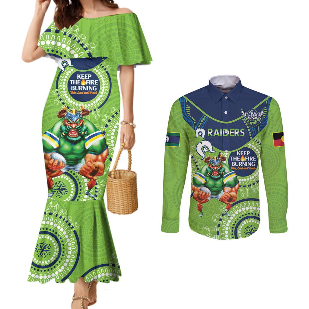 Custom NRL Raiders NAIDOC Week Couples Matching Mermaid Dress and Long Sleeve Button Shirt Keep The Fire Burning Indigenous Art