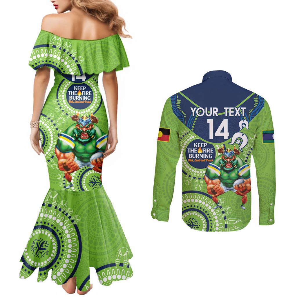 Custom NRL Raiders NAIDOC Week Couples Matching Mermaid Dress and Long Sleeve Button Shirt Keep The Fire Burning Indigenous Art