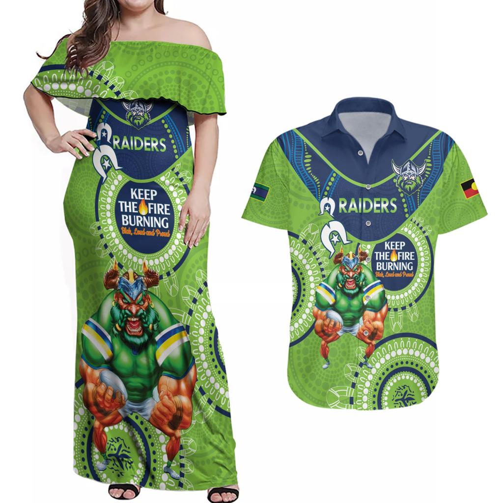 Custom NRL Raiders NAIDOC Week Couples Matching Off Shoulder Maxi Dress and Hawaiian Shirt Keep The Fire Burning Indigenous Art