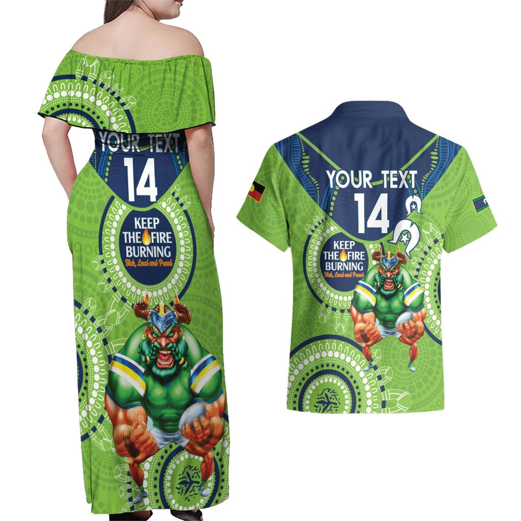 Custom NRL Raiders NAIDOC Week Couples Matching Off Shoulder Maxi Dress and Hawaiian Shirt Keep The Fire Burning Indigenous Art