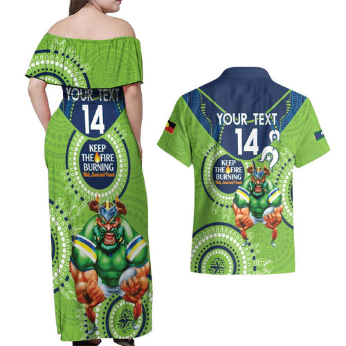 Custom NRL Raiders NAIDOC Week Couples Matching Off Shoulder Maxi Dress and Hawaiian Shirt Keep The Fire Burning Indigenous Art