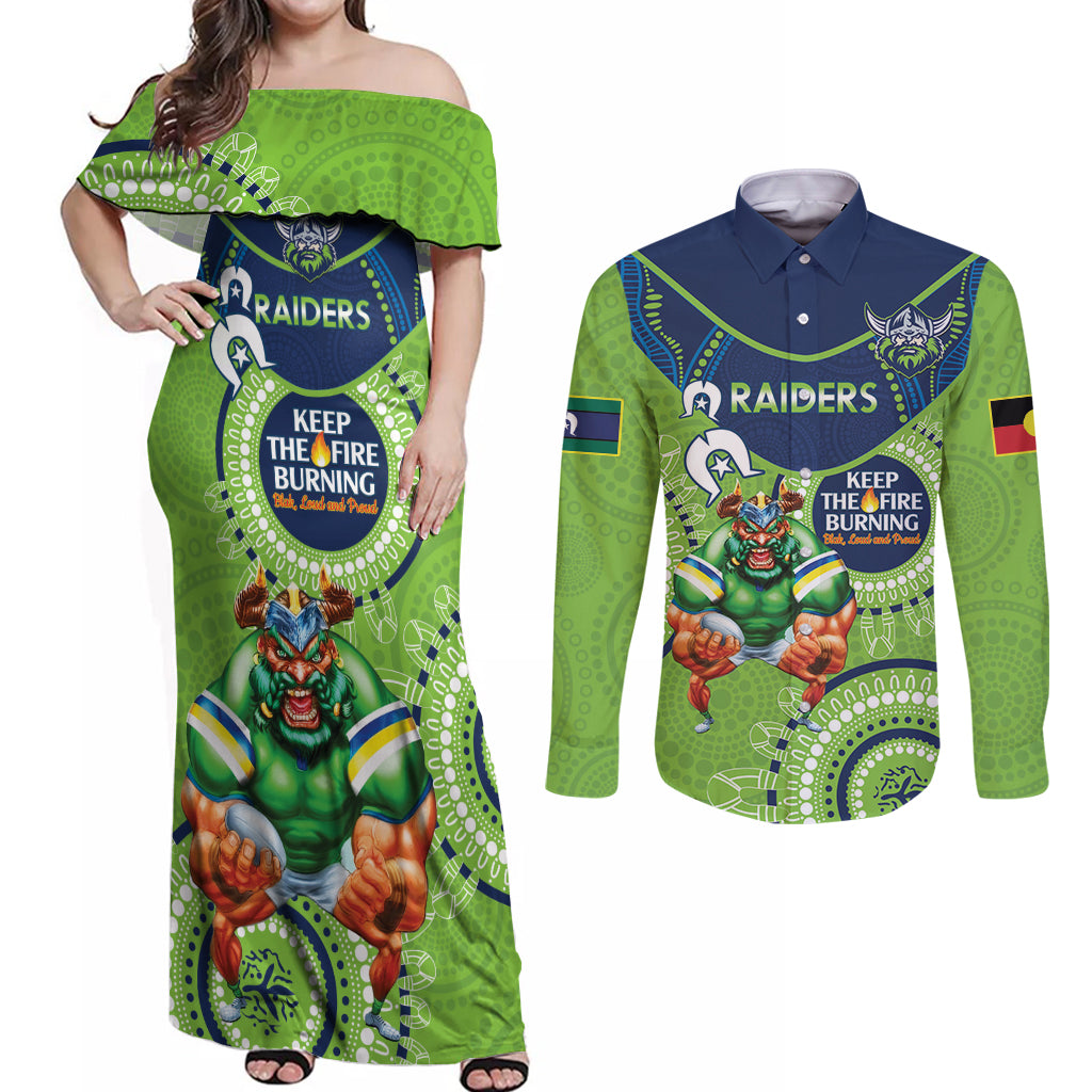 Custom NRL Raiders NAIDOC Week Couples Matching Off Shoulder Maxi Dress and Long Sleeve Button Shirt Keep The Fire Burning Indigenous Art