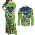 Custom NRL Raiders NAIDOC Week Couples Matching Off Shoulder Maxi Dress and Long Sleeve Button Shirt Keep The Fire Burning Indigenous Art