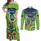 Custom NRL Raiders NAIDOC Week Couples Matching Off Shoulder Maxi Dress and Long Sleeve Button Shirt Keep The Fire Burning Indigenous Art