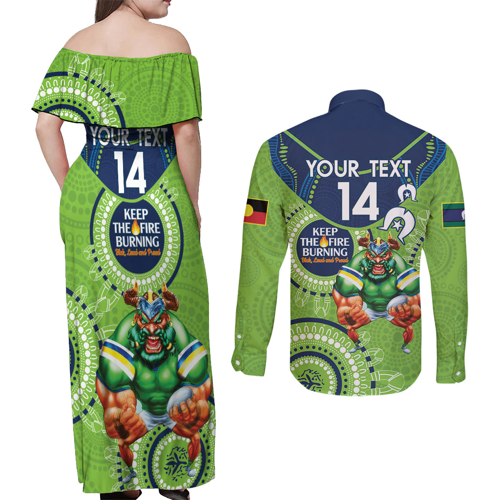Custom NRL Raiders NAIDOC Week Couples Matching Off Shoulder Maxi Dress and Long Sleeve Button Shirt Keep The Fire Burning Indigenous Art