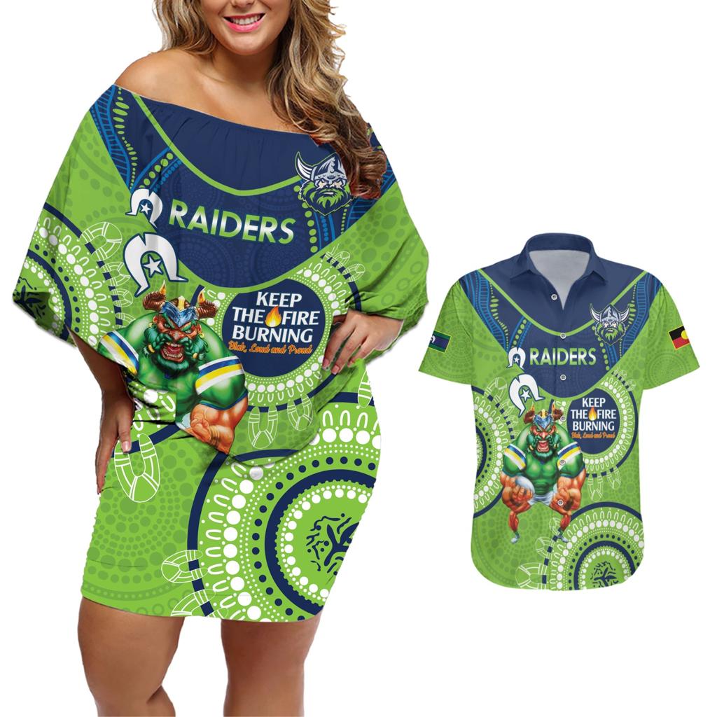 Custom NRL Raiders NAIDOC Week Couples Matching Off Shoulder Short Dress and Hawaiian Shirt Keep The Fire Burning Indigenous Art