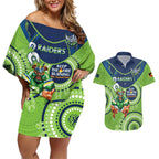 Custom NRL Raiders NAIDOC Week Couples Matching Off Shoulder Short Dress and Hawaiian Shirt Keep The Fire Burning Indigenous Art