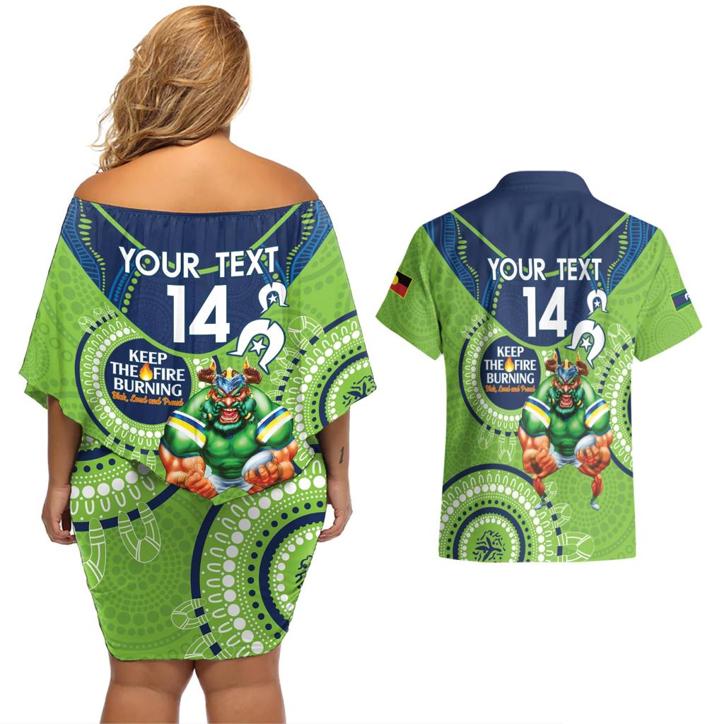 Custom NRL Raiders NAIDOC Week Couples Matching Off Shoulder Short Dress and Hawaiian Shirt Keep The Fire Burning Indigenous Art