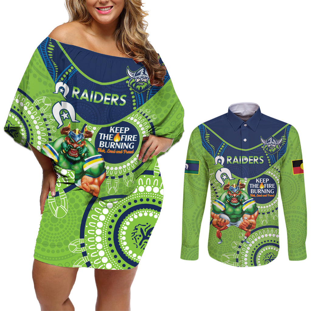 Custom NRL Raiders NAIDOC Week Couples Matching Off Shoulder Short Dress and Long Sleeve Button Shirt Keep The Fire Burning Indigenous Art