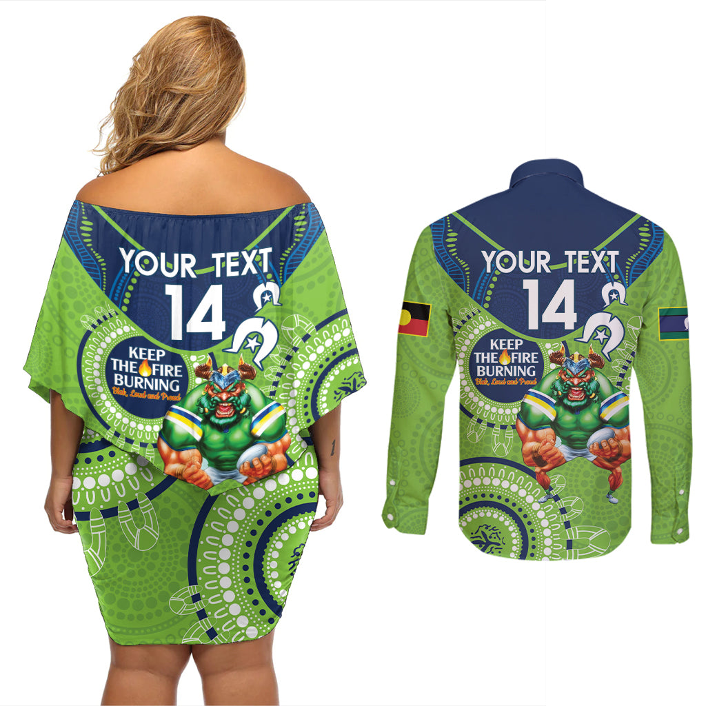 Custom NRL Raiders NAIDOC Week Couples Matching Off Shoulder Short Dress and Long Sleeve Button Shirt Keep The Fire Burning Indigenous Art